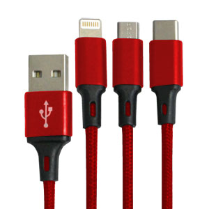 輸入特価アウトレット USB3.1 typeC+microUSB+iPhoneマルチケーブル 122cm レッド