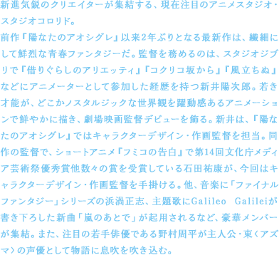 新進気鋭のクリエイターが集結する、現在注目のアニメスタジオ・スタジオコロリド。前作『陽なたのアオシグレ』以来2年ぶりとなる最新作は、繊細にして鮮烈な青春ファンタジーだ。監督を務めるのは、スタジオジブリで『借りぐらしのアリエッティ』『コクリコ坂から』『風立ちぬ』などにアニメーターとして参加した経歴を持つ新井陽次郎。若き才能が、どこかノスタルジックな世界観を躍動感あるアニメーションで鮮やかに描き、劇場映画監督デビューを飾る。新井は、『陽なたのアオシグレ』ではキャラクターデザイン・作画監督を担当。同作の監督で、ショートアニメ『フミコの告白』で第14回文化庁メディア芸術祭優秀賞他数々の賞を受賞している石田祐康が、今回はキャラクターデザイン・作画監督を手掛ける。他、音楽に「ファイナルファンタジー」シリーズの浜渦正志、主題歌にGalileo Galileiが書き下ろした新曲「嵐のあとで」が起用されるなど、豪華メンバーが集結。また、注目の若手俳優である野村周平が主人公・東〈アズマ〉の声優として物語に息吹を吹き込む。