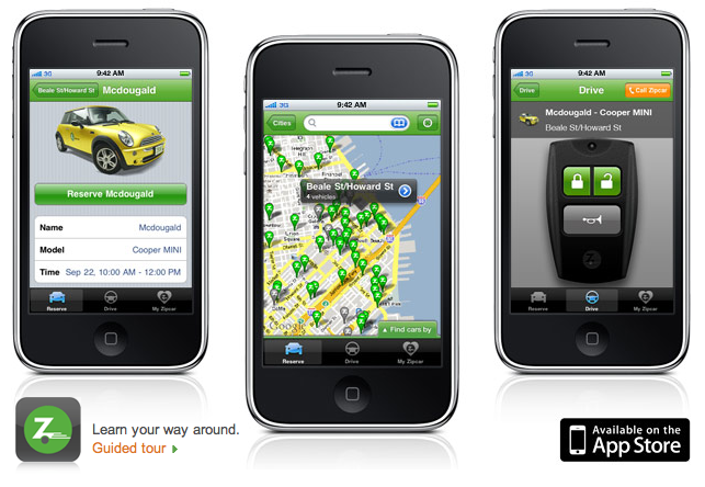 ZipCar has released their iPhone app, which they demoed at WWDC in April:
“ Now Zipcar members can find and book a Zipcar, honk the horn, even lock and unlock the doors—all from their iPhone.
”