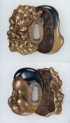 nemoi:
“yajifun:
“ Tsuba in the form of an okame and an oni mask / Kitagawa Motoyoshi
鍔 おかめと鬼の面　北川洗心軒　19世紀後半
8.2 x 9.4 x 2.1 cm
“喜怒何論矣” ”