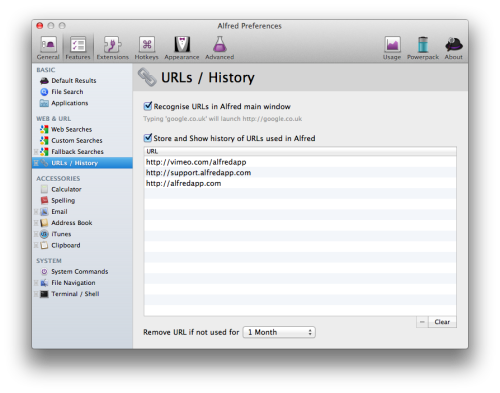 URL History and adding bookmarks to Alfred From version 1.0, Alfred can now remember all the URLs that you launch through the app.
Simply call up Alfred, type a URL and hit Return. The next time you start typing this URL, Alfred will suggest it in...