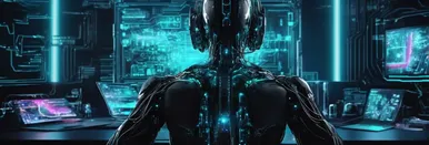 A futuristic robot facing multiple computer screens with neon blue lights in a high-tech control room.