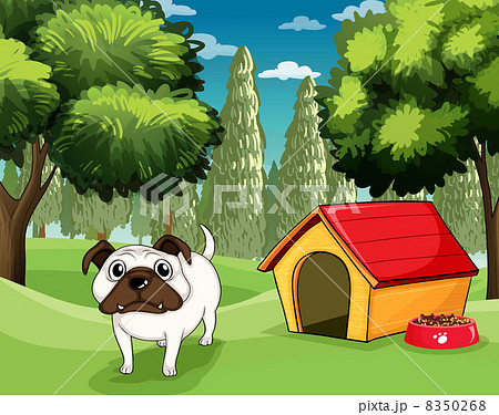 A white bulldog with a dog food outside his dog house 8350268