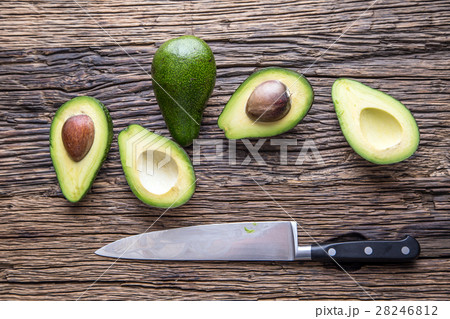 Avocado.Cut avocado on a oak wood background table 28246812