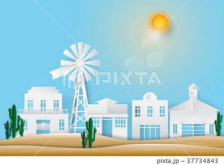 Windmill and Saguaro Cactus in Western town  37734843