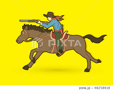 Cowboy on horse, aiming rifle graphic vector. 48258916