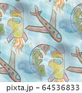 Seamless blue space rocket and earth with airplane a childish pattern abstract art curve for your wallpaper and website background. interesting naive childhood dreams texture concept 64536833