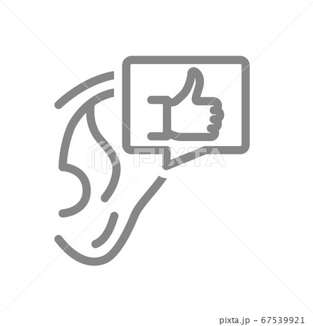 Ear with thumb up in speech bubble line icon. Healthy organ of hearing symbol 67539921