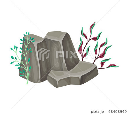 Angulated Sea Stone or Subsurface Rock with Seaweeds and Algae Vector Composition 68408949