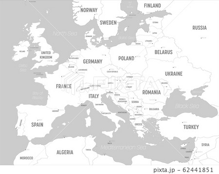 Europe map - white lands and grey water. High detailed political map of european continent with country, capital, ocean and sea names labeling 62441851