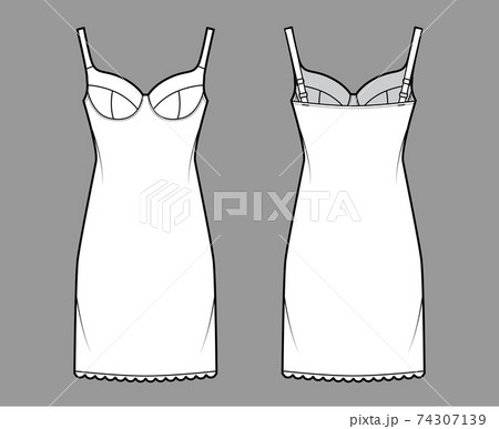 Bra slip lingerie dress technical fashion illustration with molded cup, adjustable shoulder straps, scalloped edge 74307139