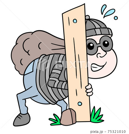 a man who thief was sneaking hiding behind a wooden plank, doodle icon image kawaii 75321010