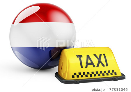 Taxi service in the Netherlands concept. Yellow taxi car signboard with The Netherlands flag, 3D rendering 77351046