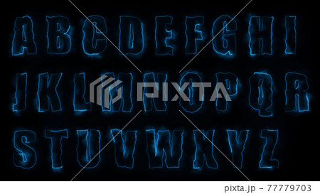 3D rendering glow effects of the contours of the uppercase letters of the English alphabet on a black background. Neon design elements 77779703