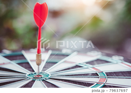 Business marketing success concept. Red dart arrow in center of the target dartboard. Bullseye is a target of business. 79637697