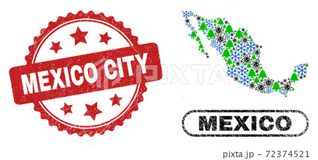 Mexico City Grunge Stamp and Mexico Map Composition of Coronavirus Christmas 72374521