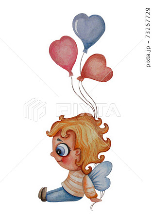 Cute little angel boy with wings and curly hair sits with balloons on a white background. Watercolor. Hand drawing 73267729