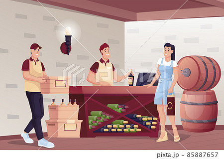 People in alcohol shop. Wine store interioir design with bar table for tasting, shelves with bottles, barrels vector illustration. Woman buying, man choosing, worker with box and at counter 85887657