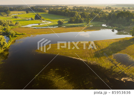 Water flowing from a curved river to a flooded meadow in summer nature. 85953636