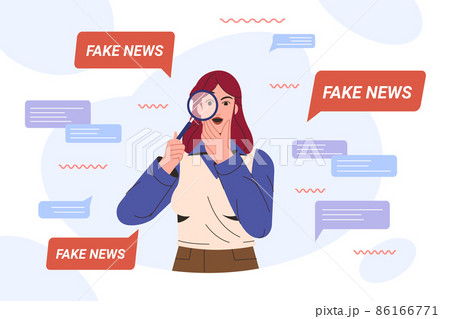 Flat girl with magnifying glass research on fake news spreads 86166771