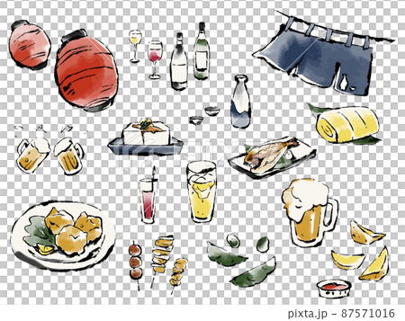 Sake, appetizer, izakaya set hand-drawn vector illustration 87571016