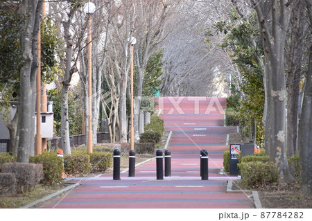 歩道橋に向かって上り坂になっている遊歩道 87784282