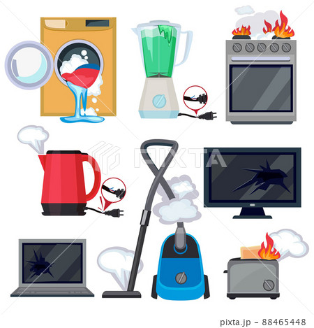 Broken appliance. Damage kitchen home items tv washing machine tablet laptop cartoon illustrations 88465448