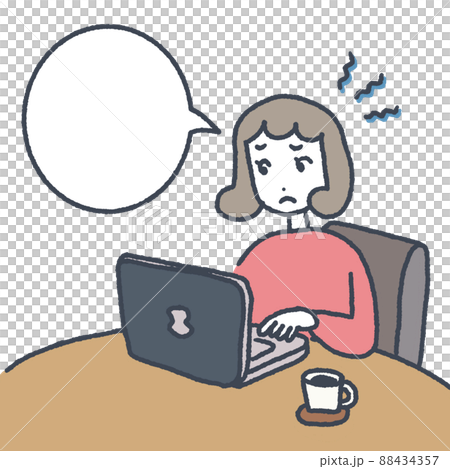 A young woman with a troubled face looking at a PC screen (speech balloon) 88434357