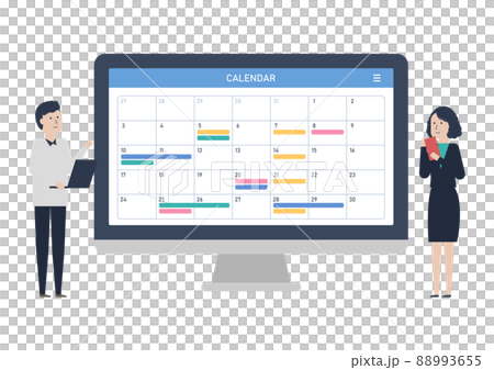 Illustration material of Japanese business team adjusting schedule with calendar sharing application 88993655