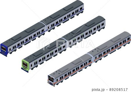 オレンジ、黄緑、青の電車の立体的なアイソメトリックスタイルの電車のイラストセット、主線なし. 89208517