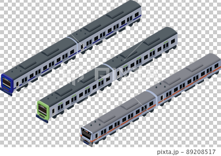 オレンジ、黄緑、青の電車の立体的なアイソメトリックスタイルの電車のイラストセット、主線なし. 89208517