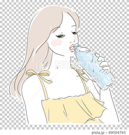 Cute woman with long hair drinking water from a plastic bottle 89504765