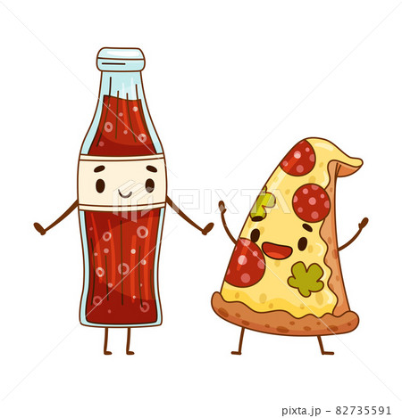 Soda drink bottle and pizza characters having fun together. Perfect couple, friends forever cartoon vector illustration 82735591