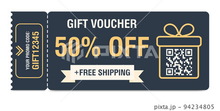 Discount coupon 50 percent off. Gift voucher with percentage marks, qr code and promo codes for website, internet ads, social media. Vector illustration 94234805