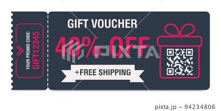 Discount coupon 40 percent off. Gift voucher with percentage marks, qr code and promo codes for website, internet ads, social media. Vector illustration 94234806