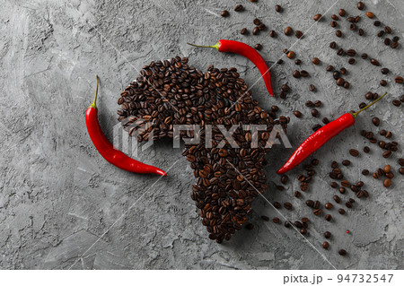 African continent made of coffee beans on gray textured background 94732547