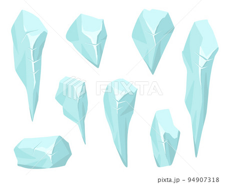 Vector Set of ice crystals. Blue magic stones in 2d style for winter design and games. 94907318