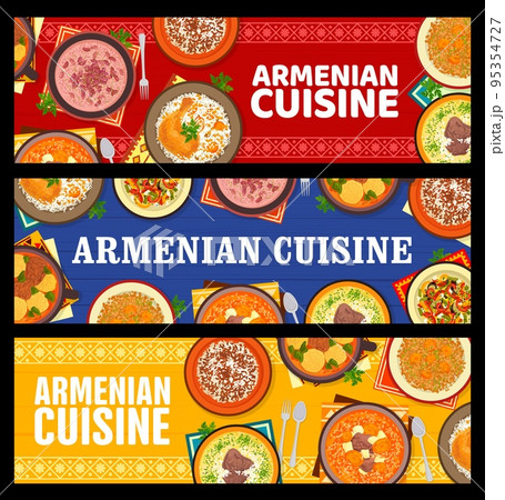 Armenian cuisine food banners. Lentil salad Mshosh with dried apricots, vermicelli rice Pilaf and stuffed chicken, lamb yogurt soup, garden vegetable salad and red bean, lamb Bozbash and Yajni soups 95354727