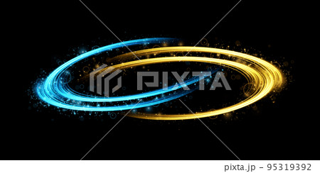 Abstract light lines of movement and speed with blue and yellow sparkles. Light everyday glowing effect. semicircular wave, light trail curve swirl, car headlights, incandescent optical fiber png. 95319392