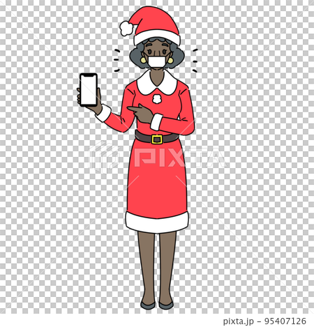 A black woman in a Santa costume operating a smartphone with a mask 95407126