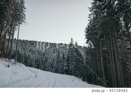 A man riding skis down a snow covered slope 95716483