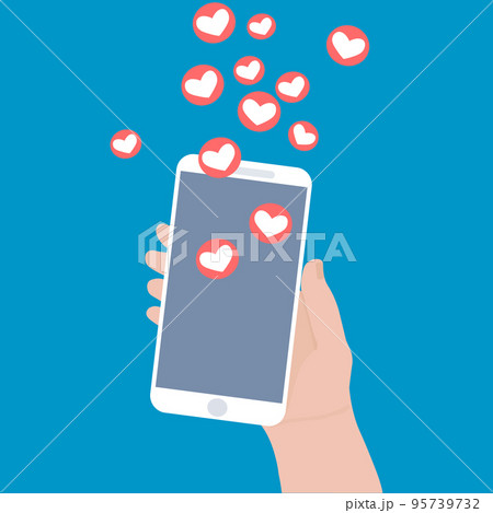 Hand holding smartphone with like notifications on the screen. Trendy mobile phone with heart on the display. Flat vector illustration 95739732