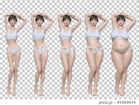 Underweight, Chubby, Normal, Overweight, Natural Japanese 3D model female diet before and after 95989934