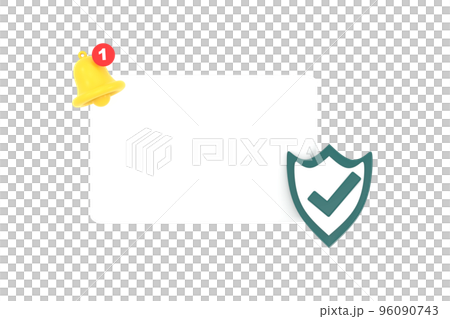 3D. Empty reminder pop up, notification bell icon with shield check mark. 96090743