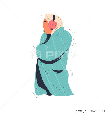 Girl in earmuffs feeling freeze wrapped in blanket trying to warm during winter or autumn season cartoon vector illustration 96208931