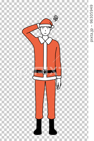 A man in Santa Claus who is troubled and scratching his head 96305949