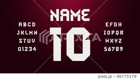 Football uniform typography. Sportswear font alphabet, modern letters numbers with bevel cutout. Typographic for shirts and jerseys of sports team headline logo lettering. Isolated vector typeset 96775579