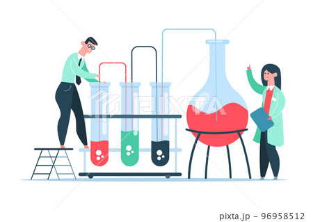 Science laboratory research. Scientists doing experiment with lab equipment. Workers working with liquids 96958512