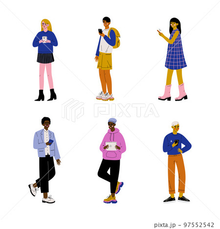 People Character Using Smartphone and Tablet Chatting and Surfing Internet Vector Set 97552542