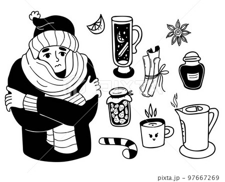 Winter collection doodles. sad man wrapped in scarf freezes and trembles. Nearby is hot wine, kettle of boiling water, cup, cinnamon sticks and jam, slice of lemon. Vector isolated outline drawns. 97667269